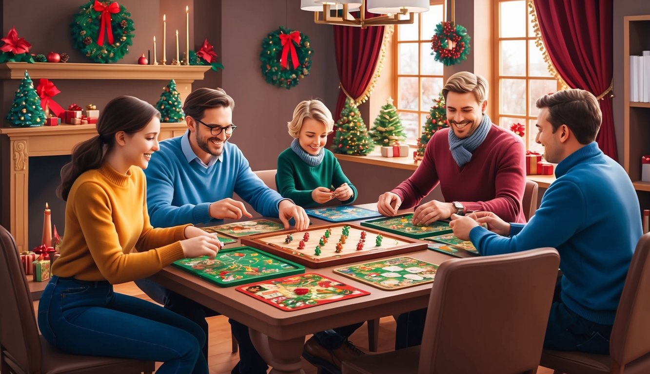 A family sitting around a table, playing holiday and seasonal board games, surrounded by festive decorations and cozy atmosphere