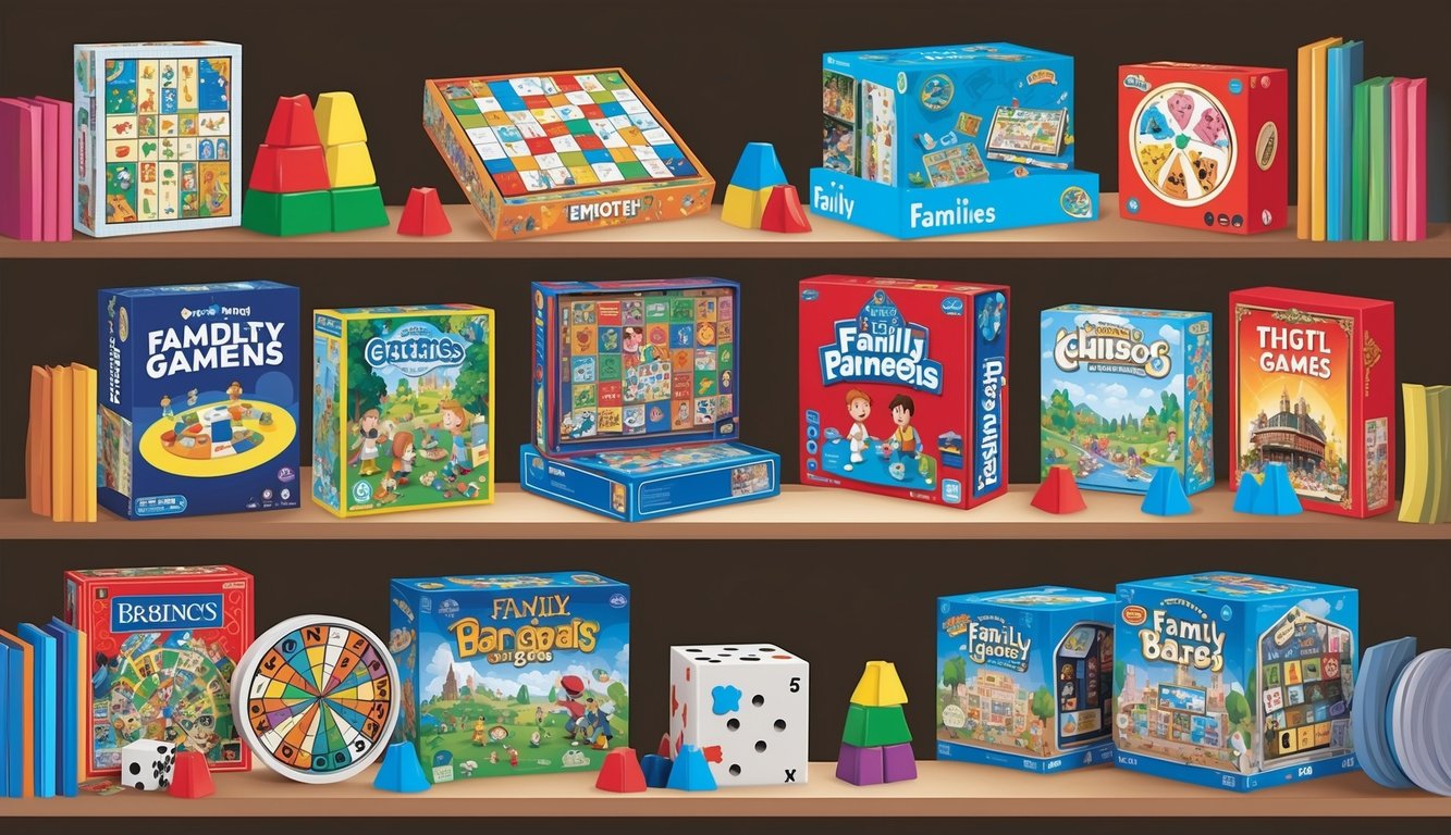 A group of diverse family board games arranged on a shelf, surrounded by colorful game boxes and pieces