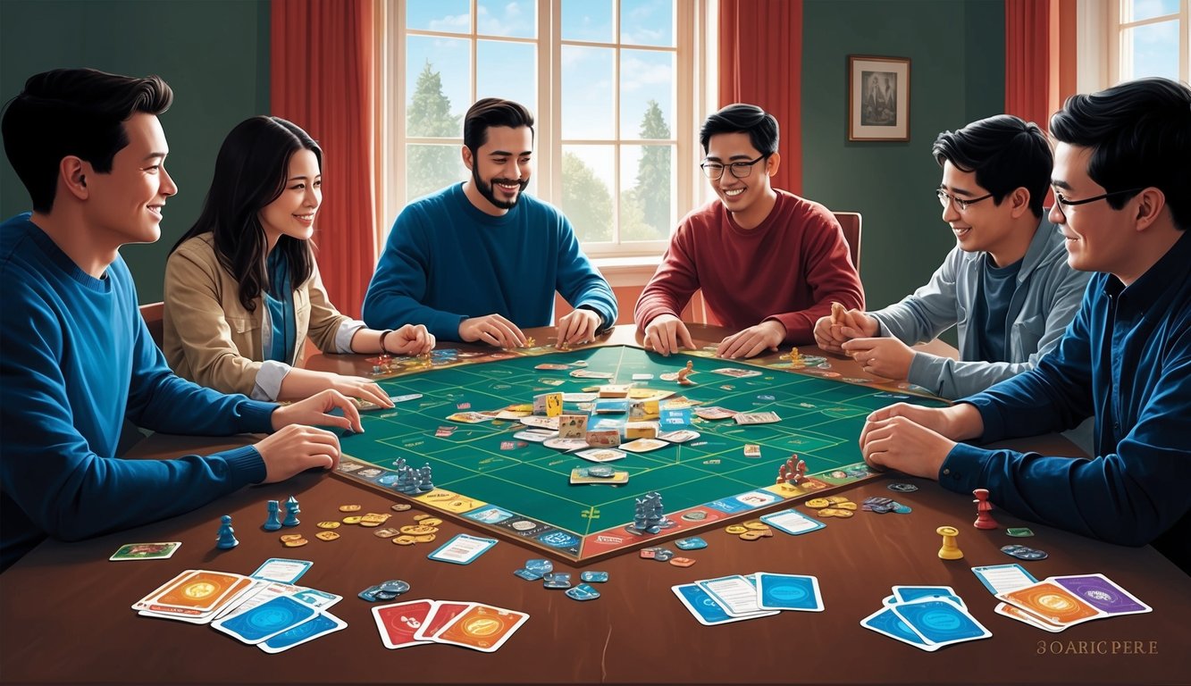 A group of players sit around a table, engaged in a cooperative board game, with cards and game pieces scattered across the surface