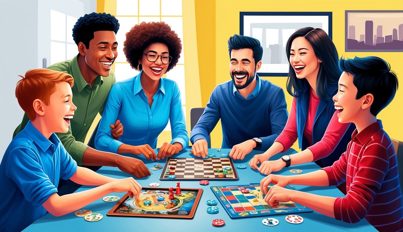 A family gathered around a table, playing board games together, laughing and engaging in friendly competition
