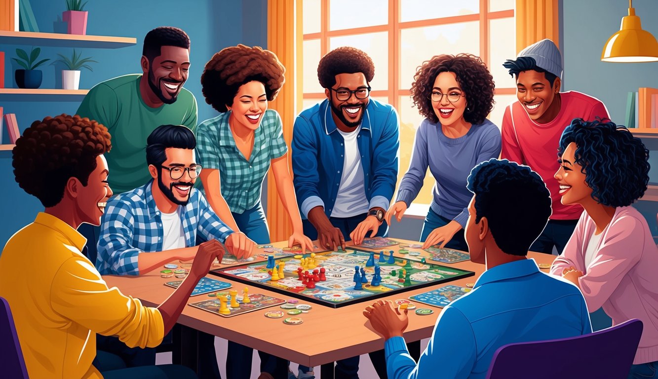A diverse group of players gather around a table, laughing and strategizing as they play a cooperative board game together