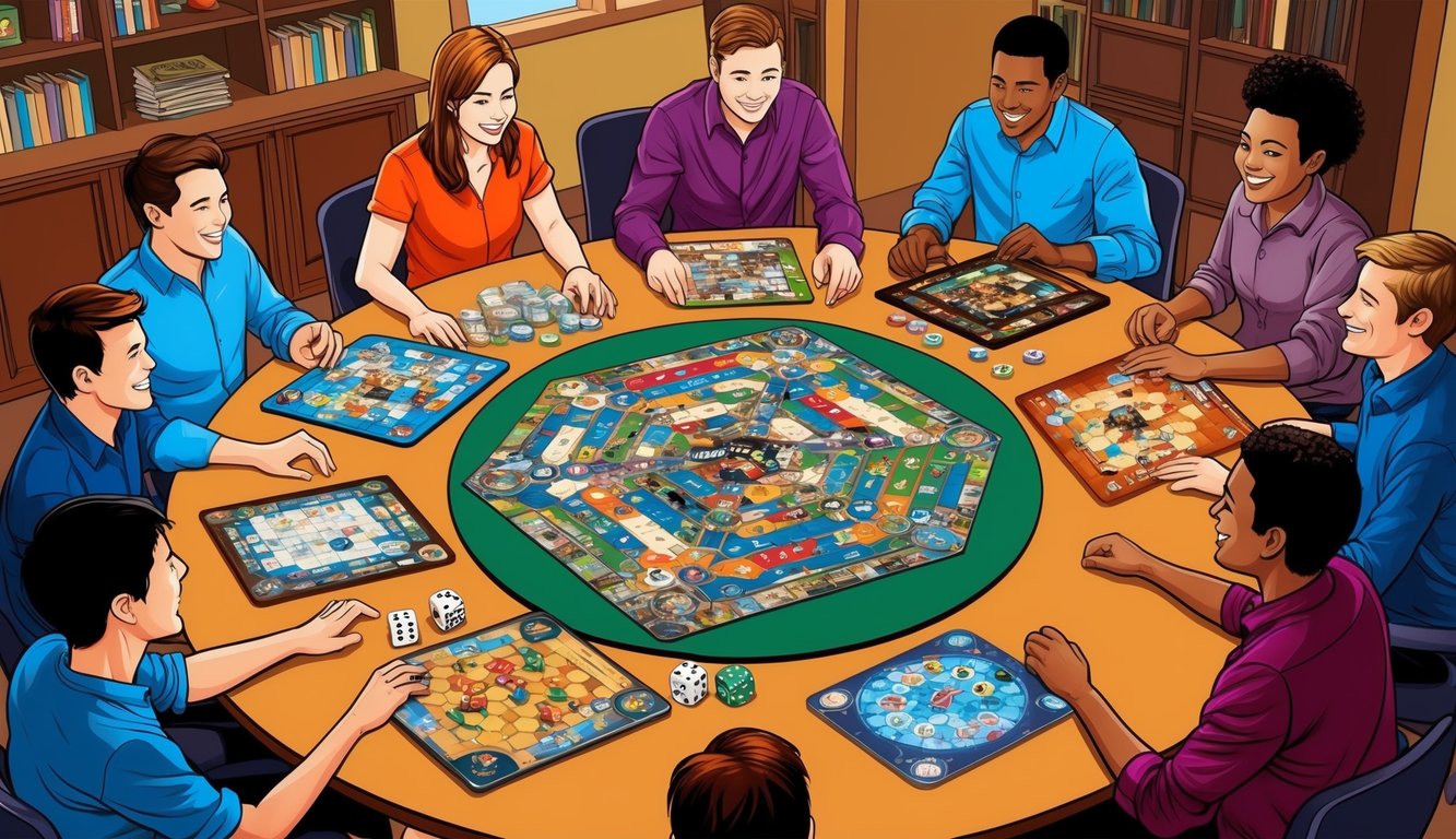 Players gathered around a table, selecting from a variety of cooperative board games.</p><p>A sense of collaboration and excitement fills the room
