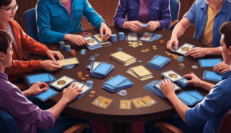 People playing a card game around a round table with cards and tokens