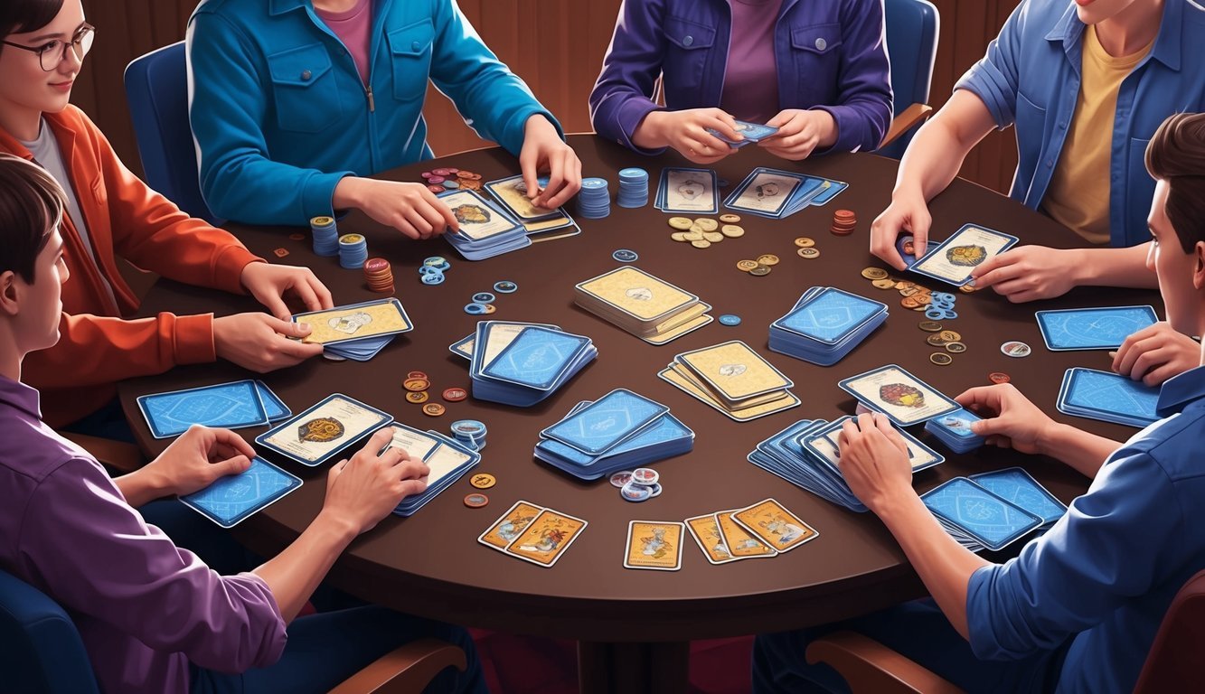 People playing a card game around a round table with cards and tokens