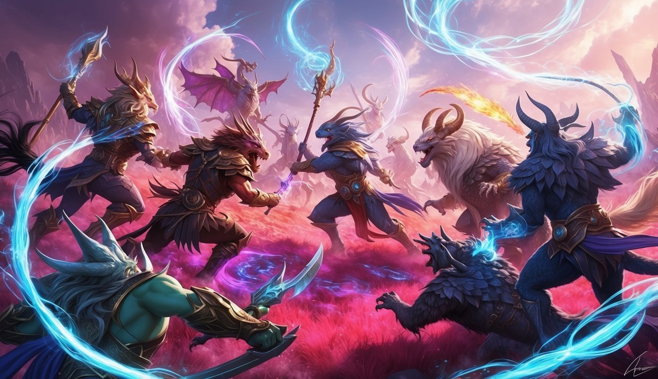 Fantasy battle scene with dragon-like creatures wielding weapons and magic