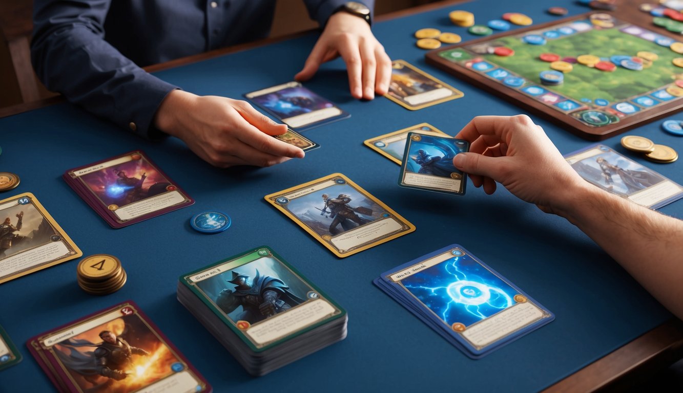 A table with various CCG cards spread out, a player's hand selecting a card, and a game board with tokens and counters