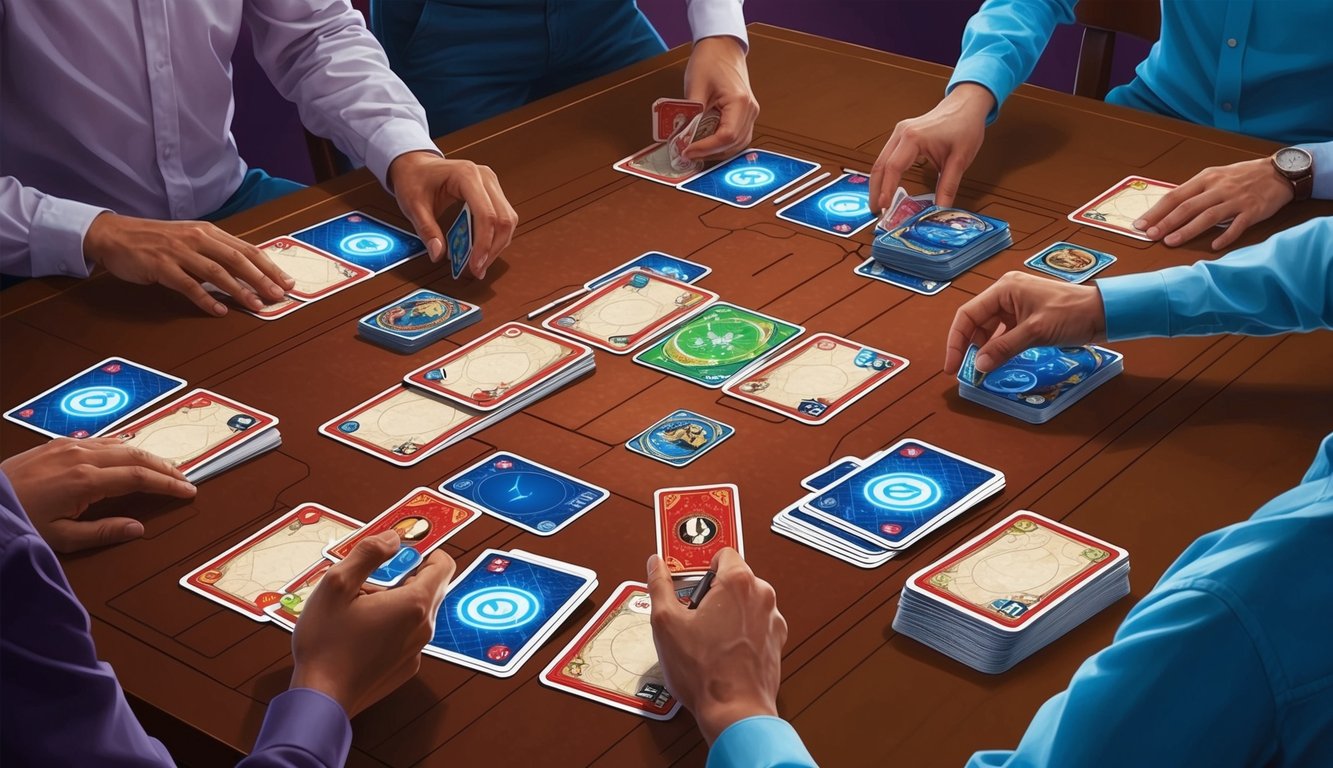 A table with cards being strategically arranged and manipulated in a deck-building card game