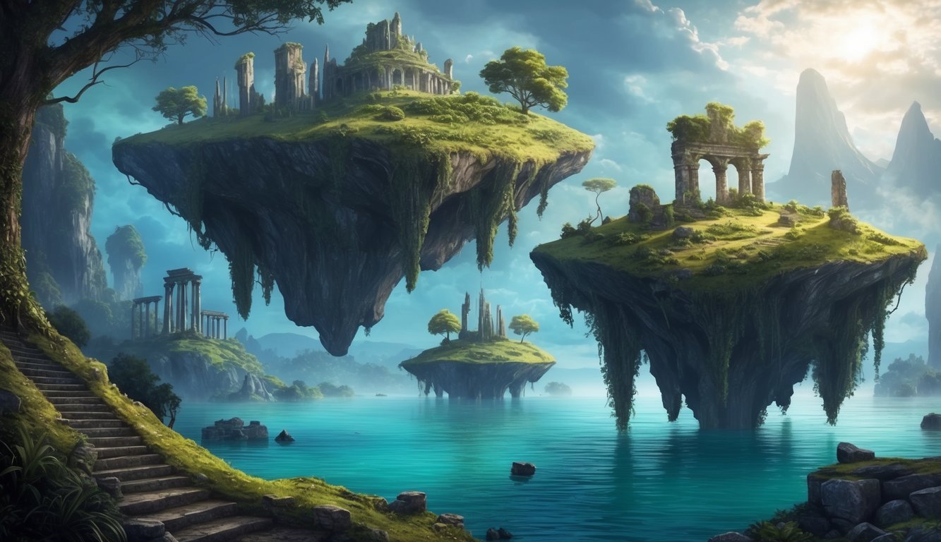 A mystical forest with floating islands and ancient ruins