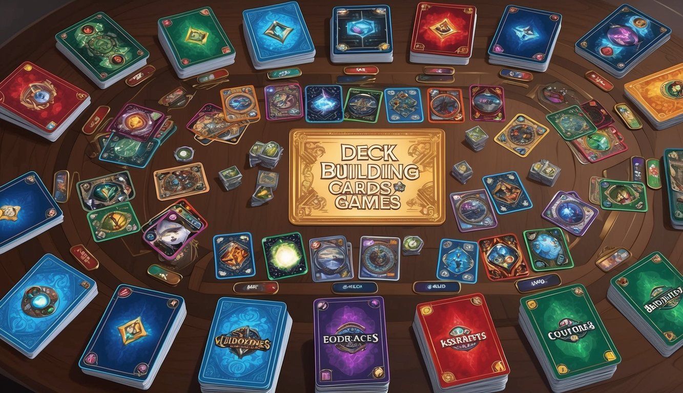 A table covered in colorful deck-building card games with various game variants and innovative mechanics