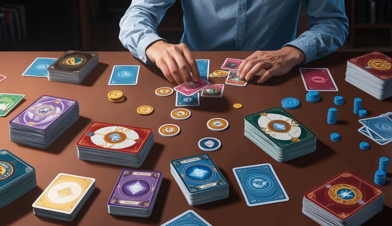 A table with various card decks, tokens, and game pieces scattered around.</p><p>A player is selecting cards to build their collection
