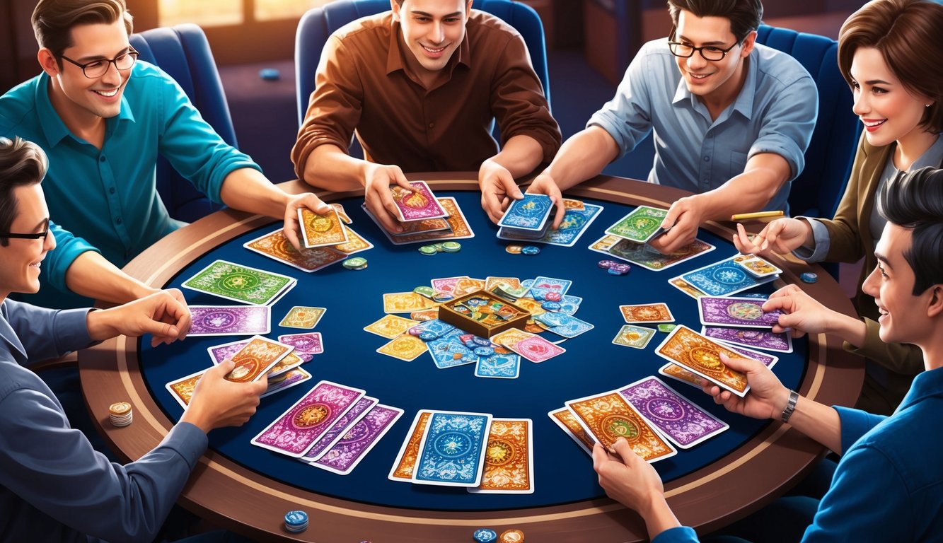 A group of players gather around a table, exchanging and strategizing over colorful, intricate card decks.</p><p>The atmosphere is friendly yet intense, with a mix of camaraderie and competition evident in their expressions