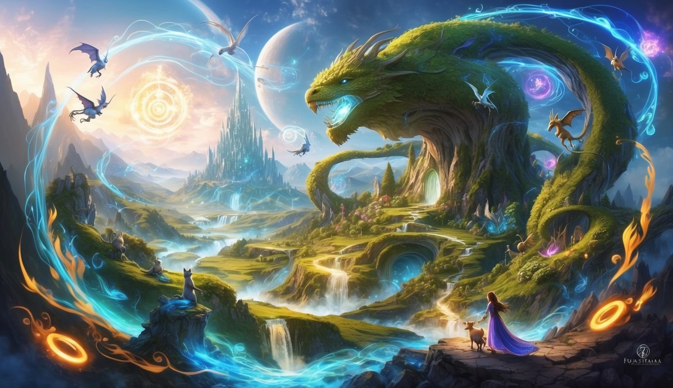 A magical world with fantastical creatures and intricate landscapes, surrounded by swirling energy and glowing symbols