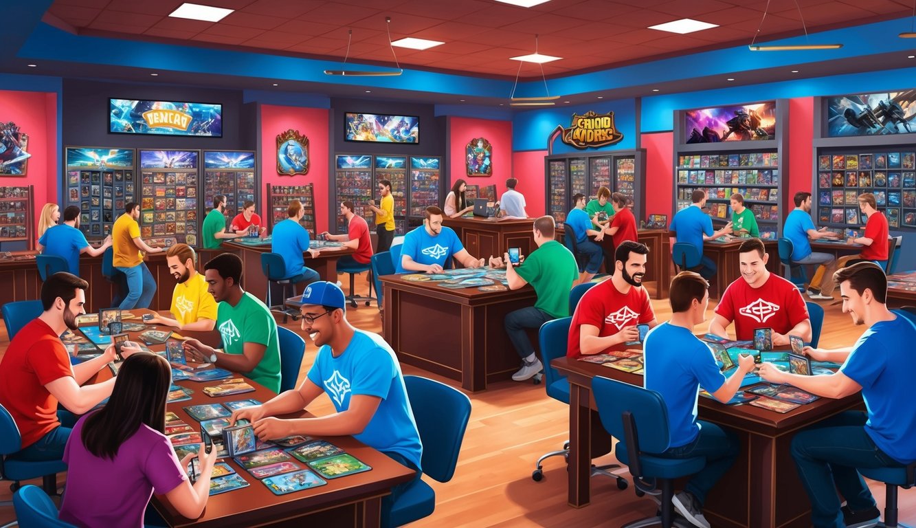 A bustling game store with players trading cards, battling, and socializing in a vibrant and welcoming environment