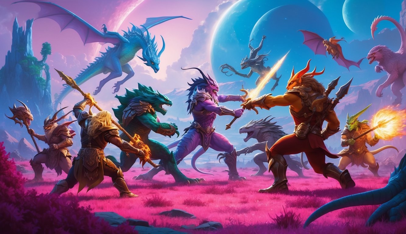 A group of fantastical creatures battle in a vibrant, otherworldly landscape, representing various genres of CCGs