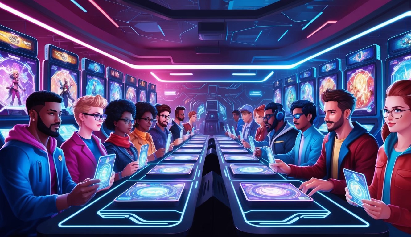 A group of diverse characters playing futuristic holographic collectible card games in a bustling virtual reality arcade