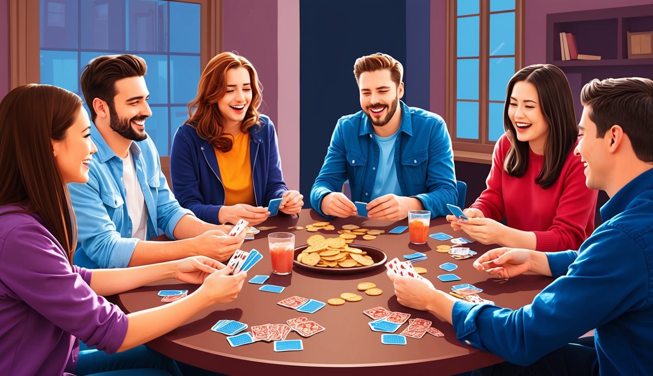 A group of friends sit around a table, laughing and playing card games.</p><p>Snacks and drinks are scattered across the table