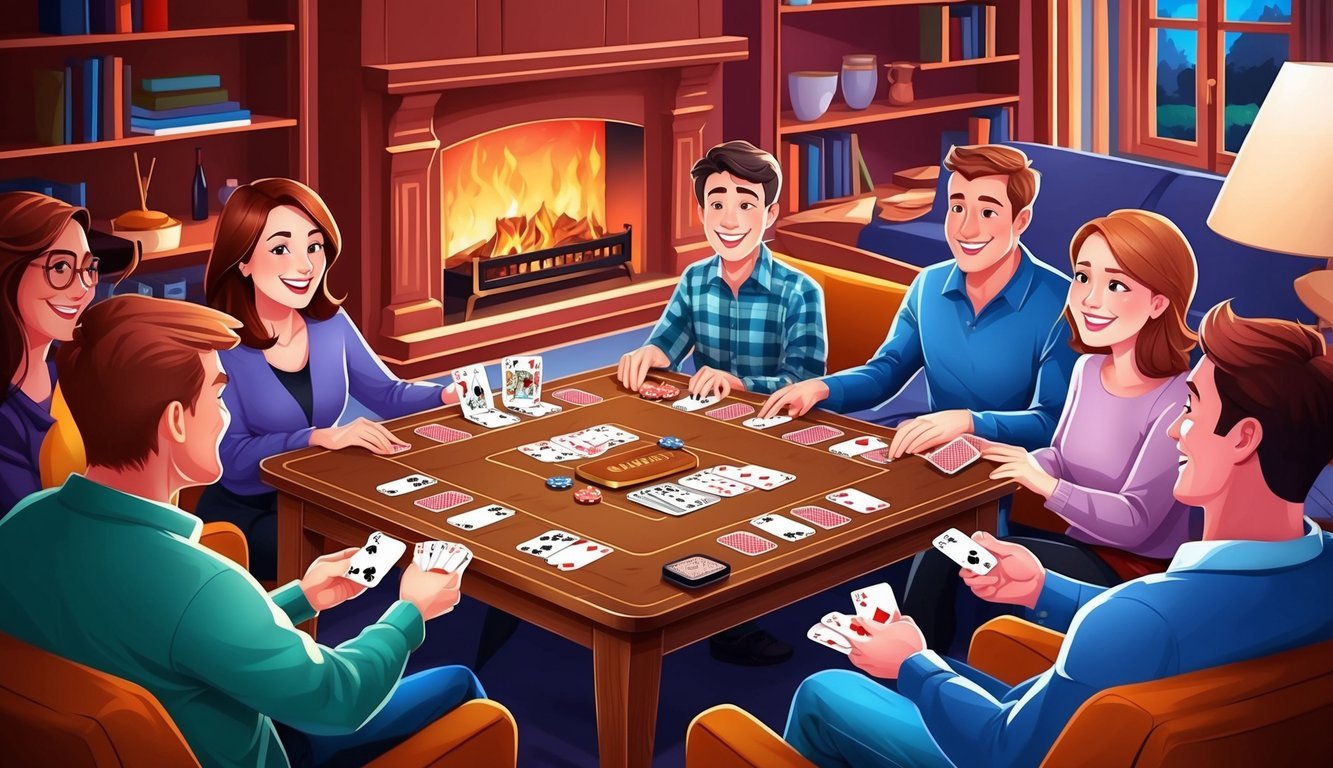 Six people playing cards around a table in a cozy room with fireplace