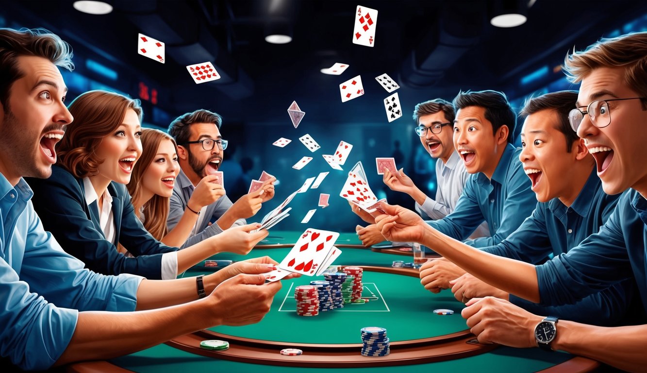 Players eagerly flipping cards, eyes wide with excitement, as the fast-paced game unfolds with adrenaline-fueled intensity