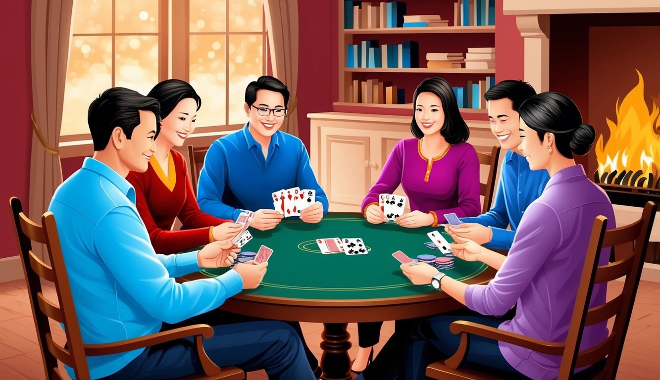 A group of people sitting around a table, playing traditional card games.</p><p>The room is cozy, with a warm fire crackling in the background
