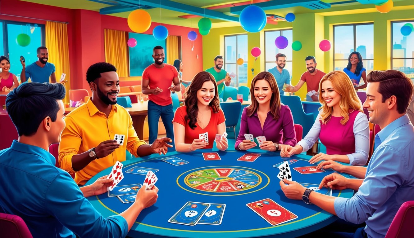 A group of people playing active party card games in a vibrant, energetic setting with colorful game cards and lively movement