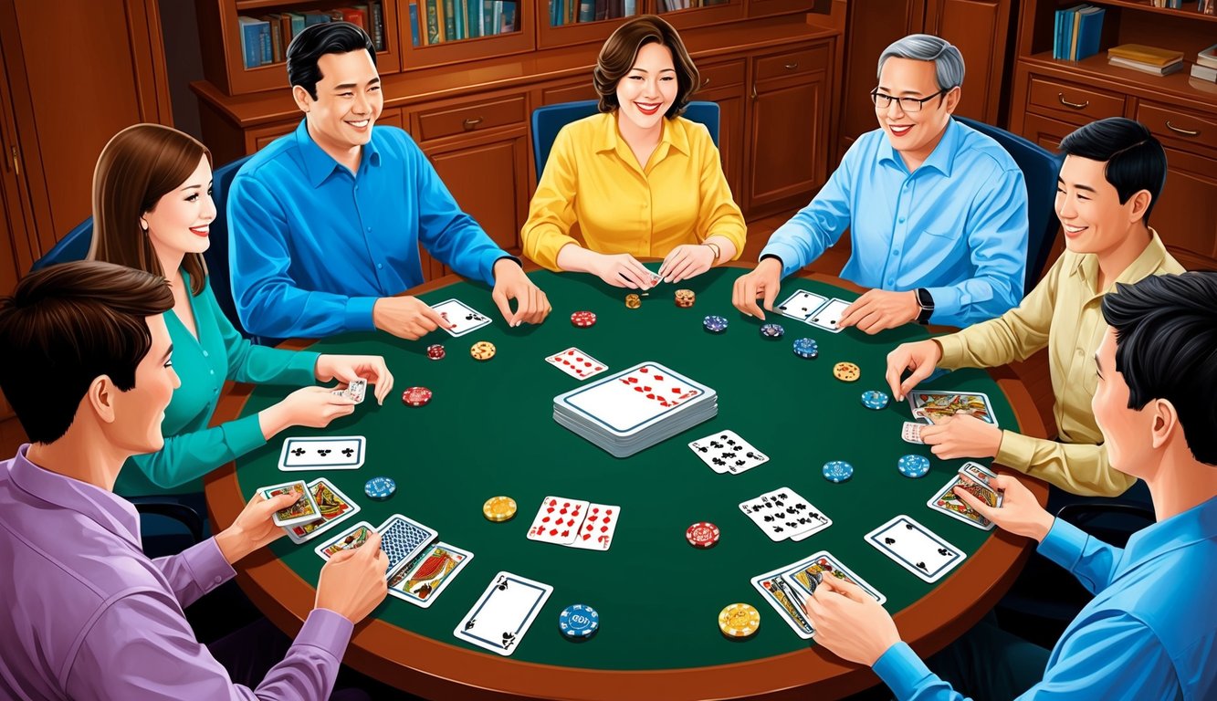 A group of people sitting around a table playing traditional card games, with a deck of cards and various game pieces spread out in front of them