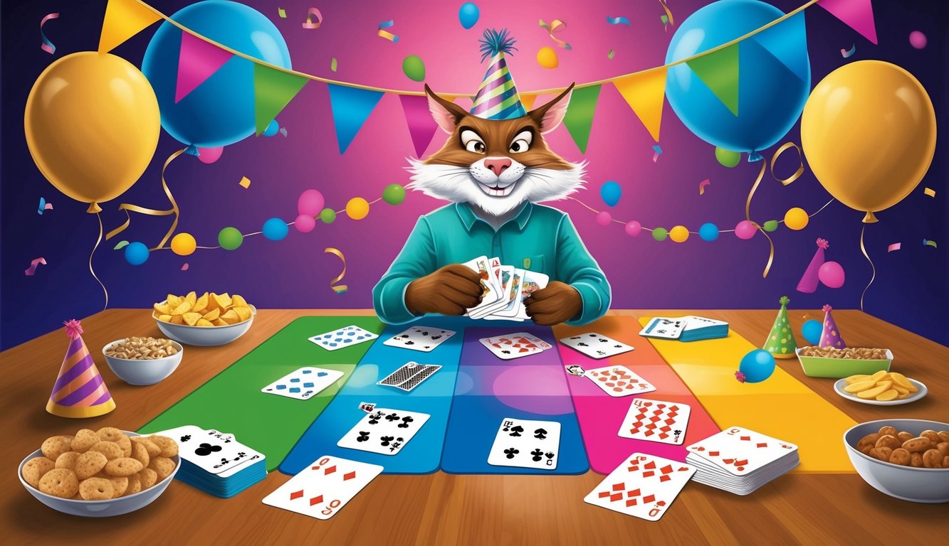 A table covered in colorful cards, surrounded by party decorations and snacks.</p><p>A solo party animal shuffling cards with a mischievous grin