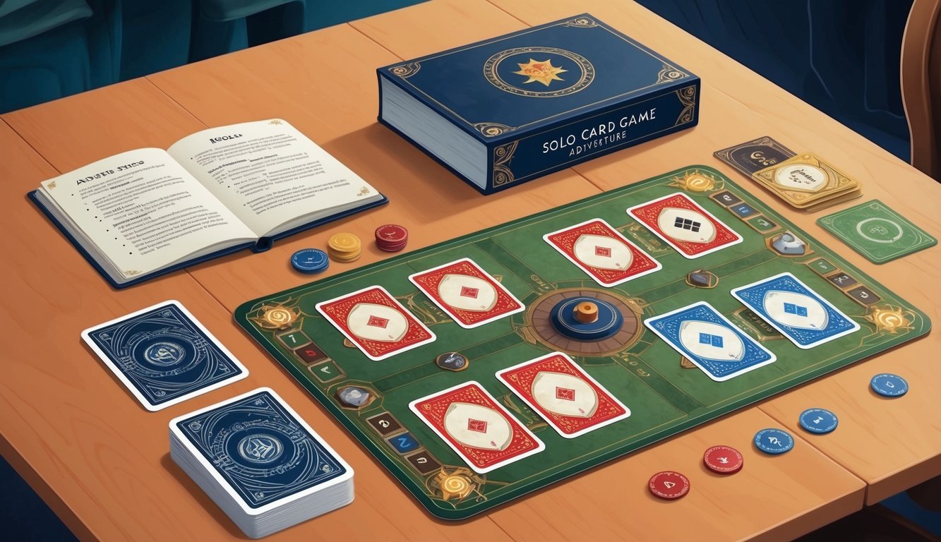 A table with a deck of cards, a rulebook, and a game board set up for a solo card game adventure
