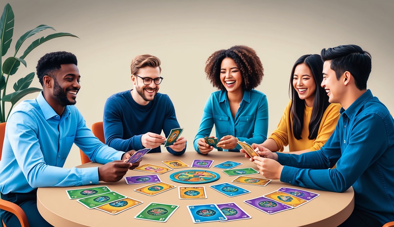 A group of friends sit around a table, laughing and playing a colorful and imaginative card game.</p><p>Creative and unique card designs are spread out across the table