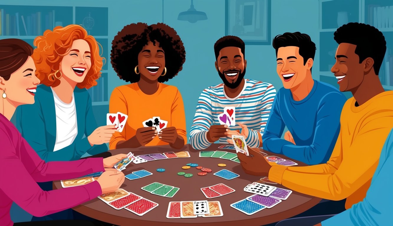 A group of friends sitting around a table, laughing and enjoying a variety of colorful and engaging card games