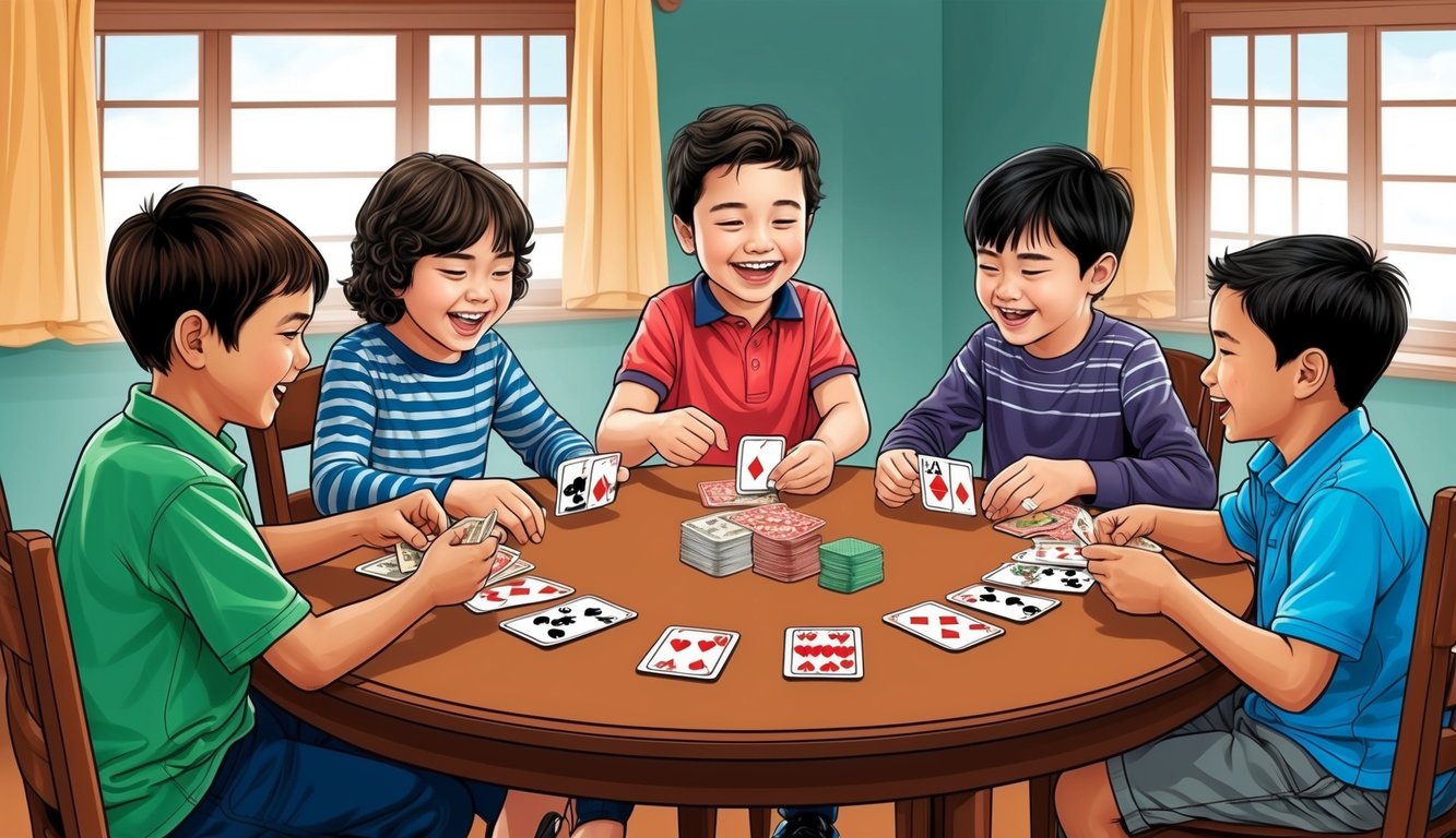 A group of children sitting around a table, playing traditional card games while laughing and engaging in friendly competition