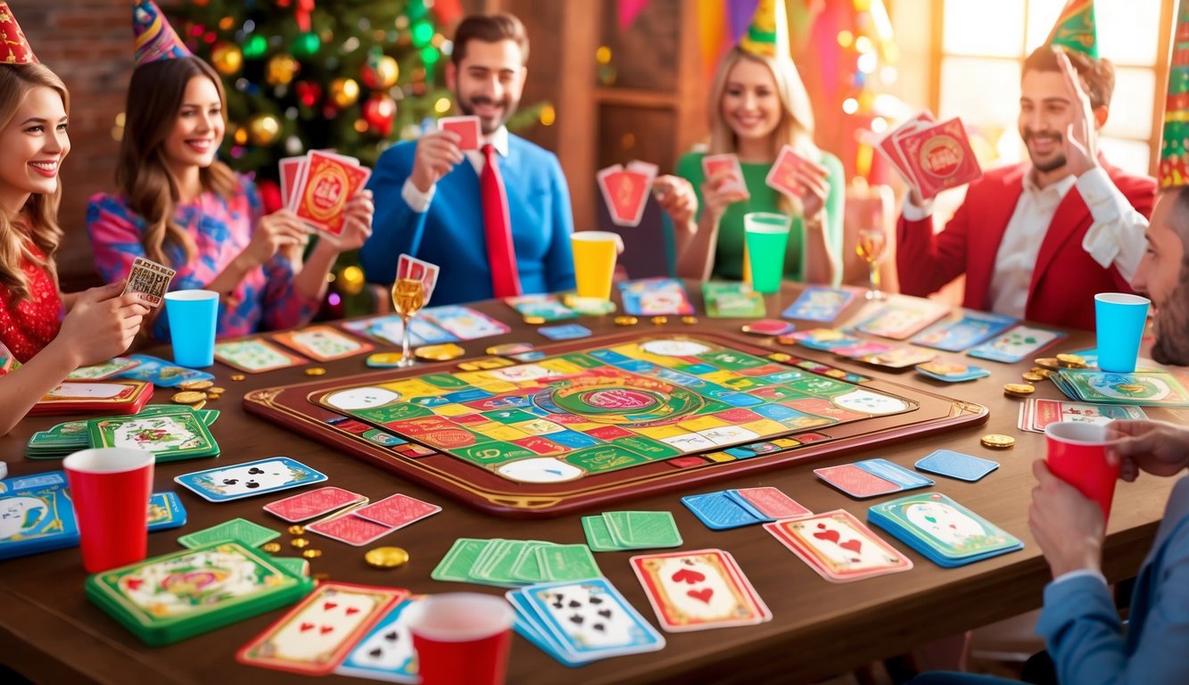 A table adorned with colorful party card games and accessories, surrounded by festive decorations and lively atmosphere