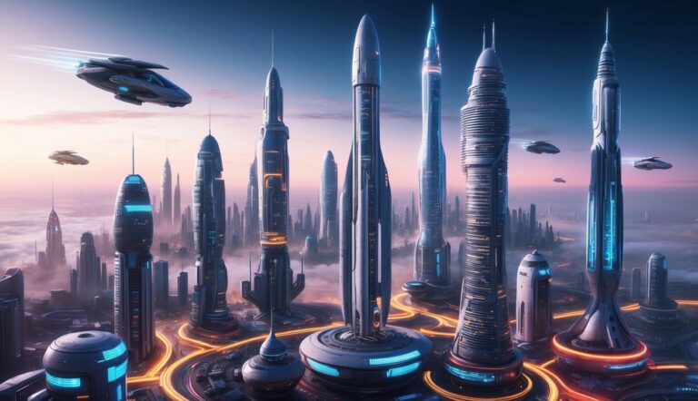 Futuristic city with tall skyscrapers, flying vehicles, and glowing pathways
