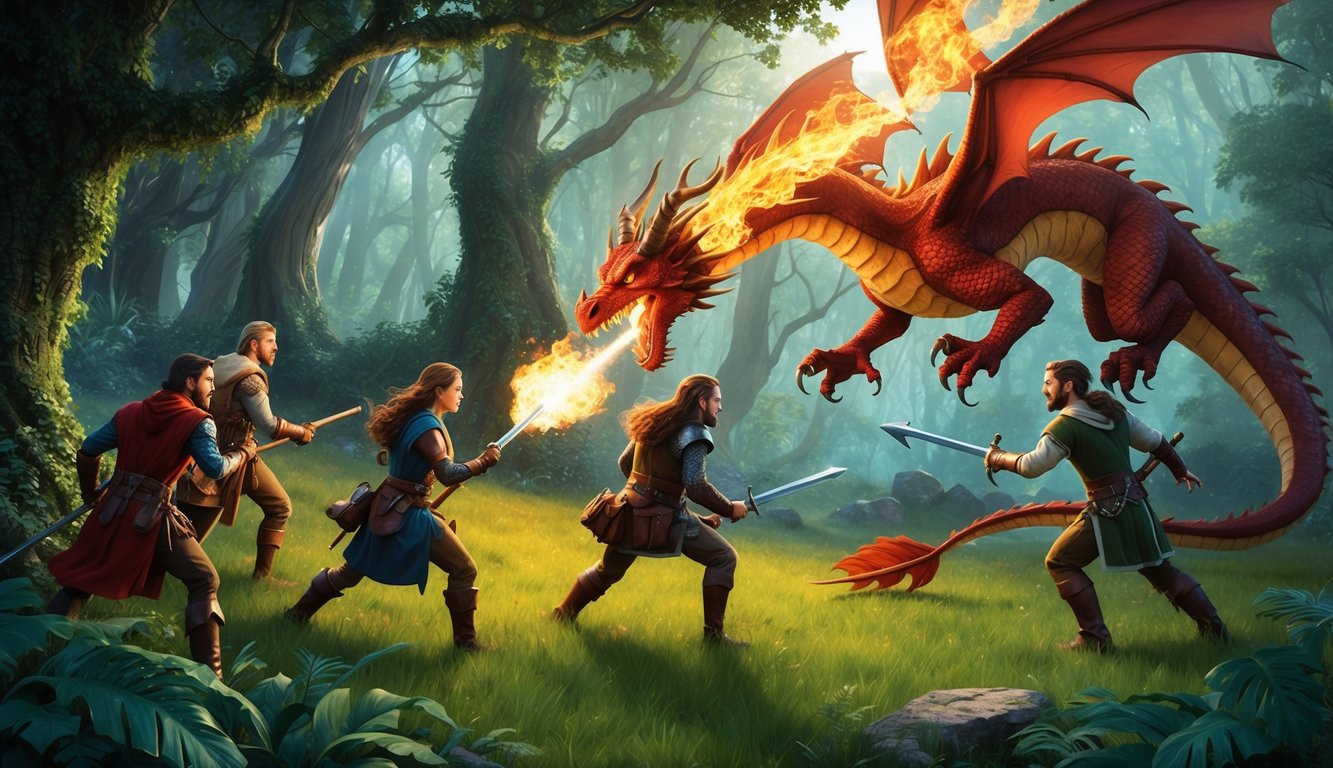 A group of adventurers battles a fire-breathing dragon in a lush, enchanted forest