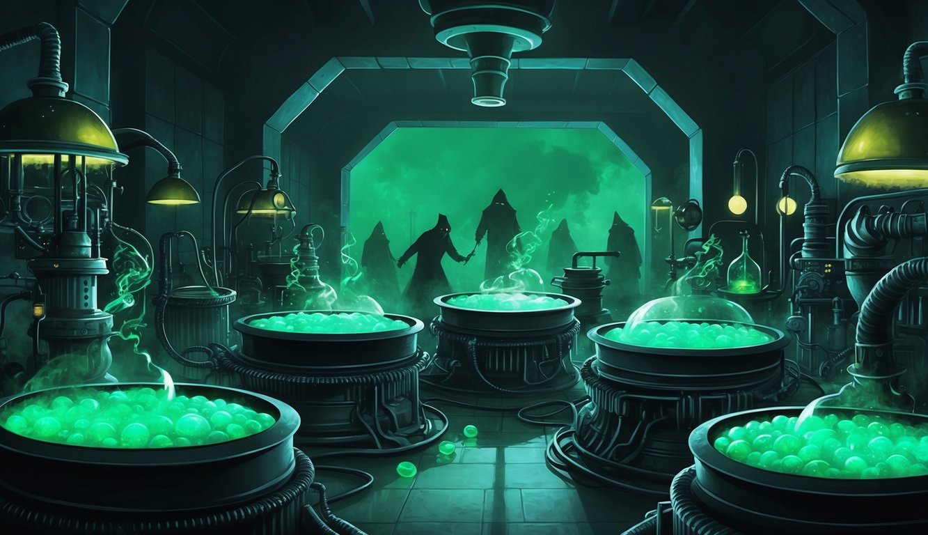 A dark, ominous laboratory filled with bubbling vats and twisted machinery, surrounded by eerie green lighting and shadowy figures lurking in the background
