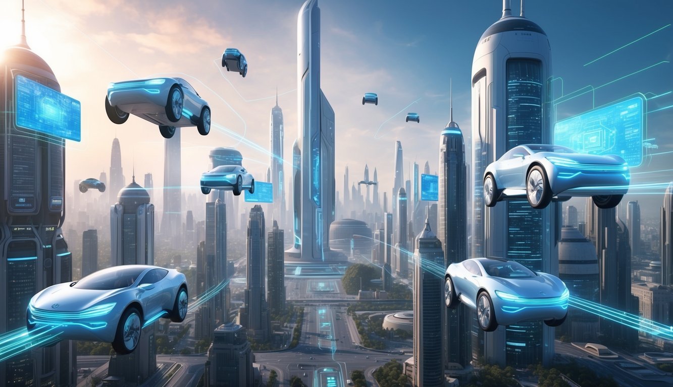 A futuristic cityscape with holographic displays and sleek, advanced technology.</p><p>Hovering vehicles zoom through the air, while towering skyscrapers loom in the background