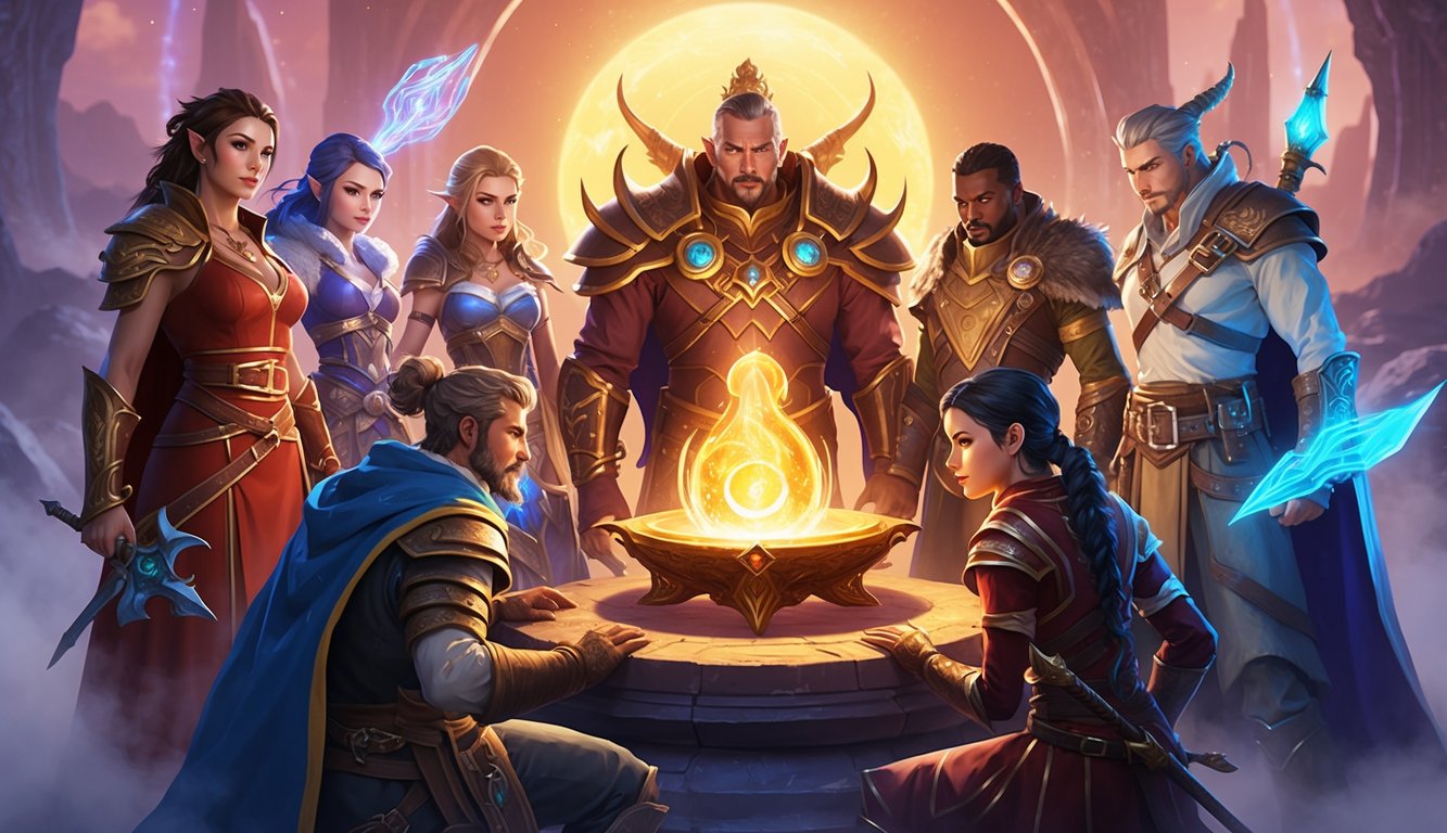 A group of diverse fantasy RPG characters gather around a glowing magical artifact, each displaying unique abilities and personalities