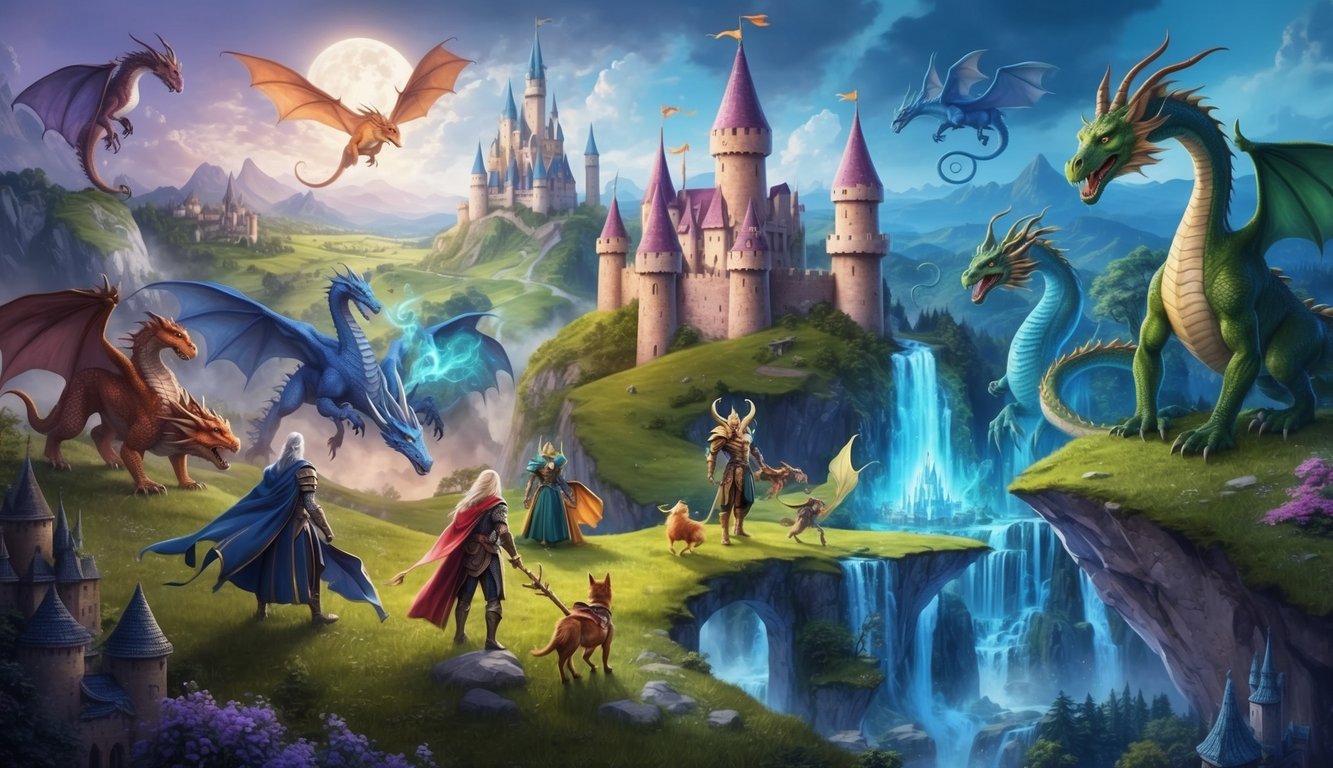 A group of mythical creatures and enchanted landscapes in a fantasy world, with castles, dragons, and magical beings
