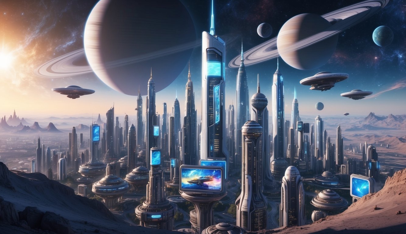 A futuristic city skyline with towering buildings, flying vehicles, and holographic advertisements, set against a backdrop of alien planets and galaxies