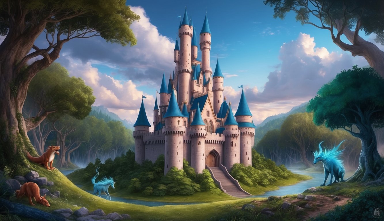 A towering castle surrounded by lush forests and mystical creatures