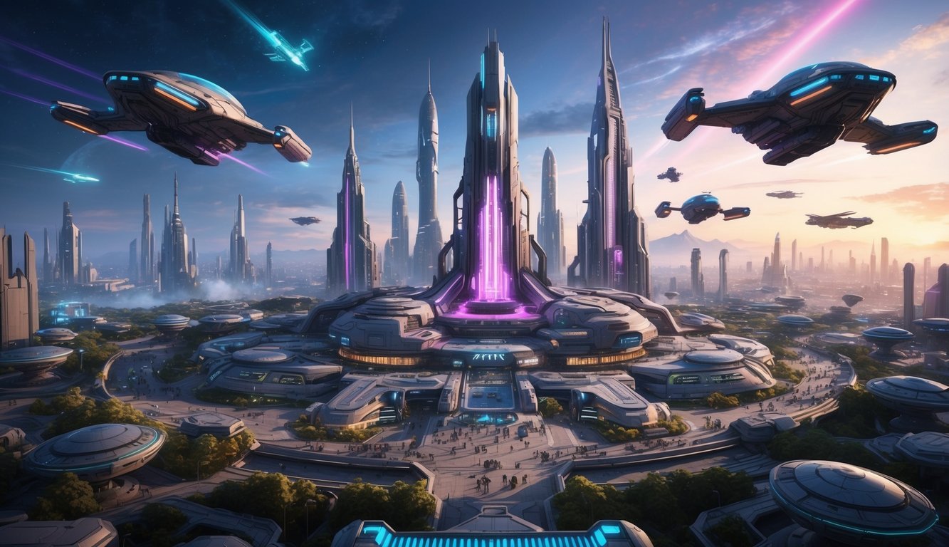 A futuristic cityscape with towering buildings, neon lights, and flying vehicles, surrounded by a bustling community of players and moderators in a sci-fi RPG setting