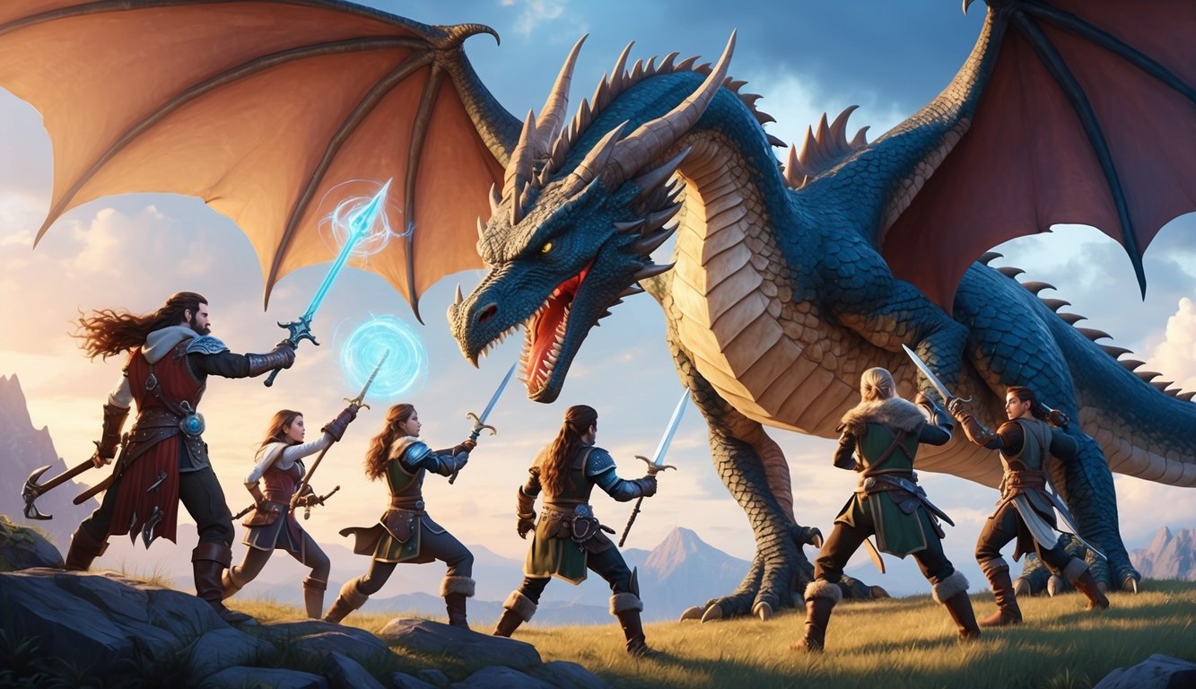 A group of adventurers faces off against a towering dragon, wielding weapons and casting spells to overcome the formidable foe