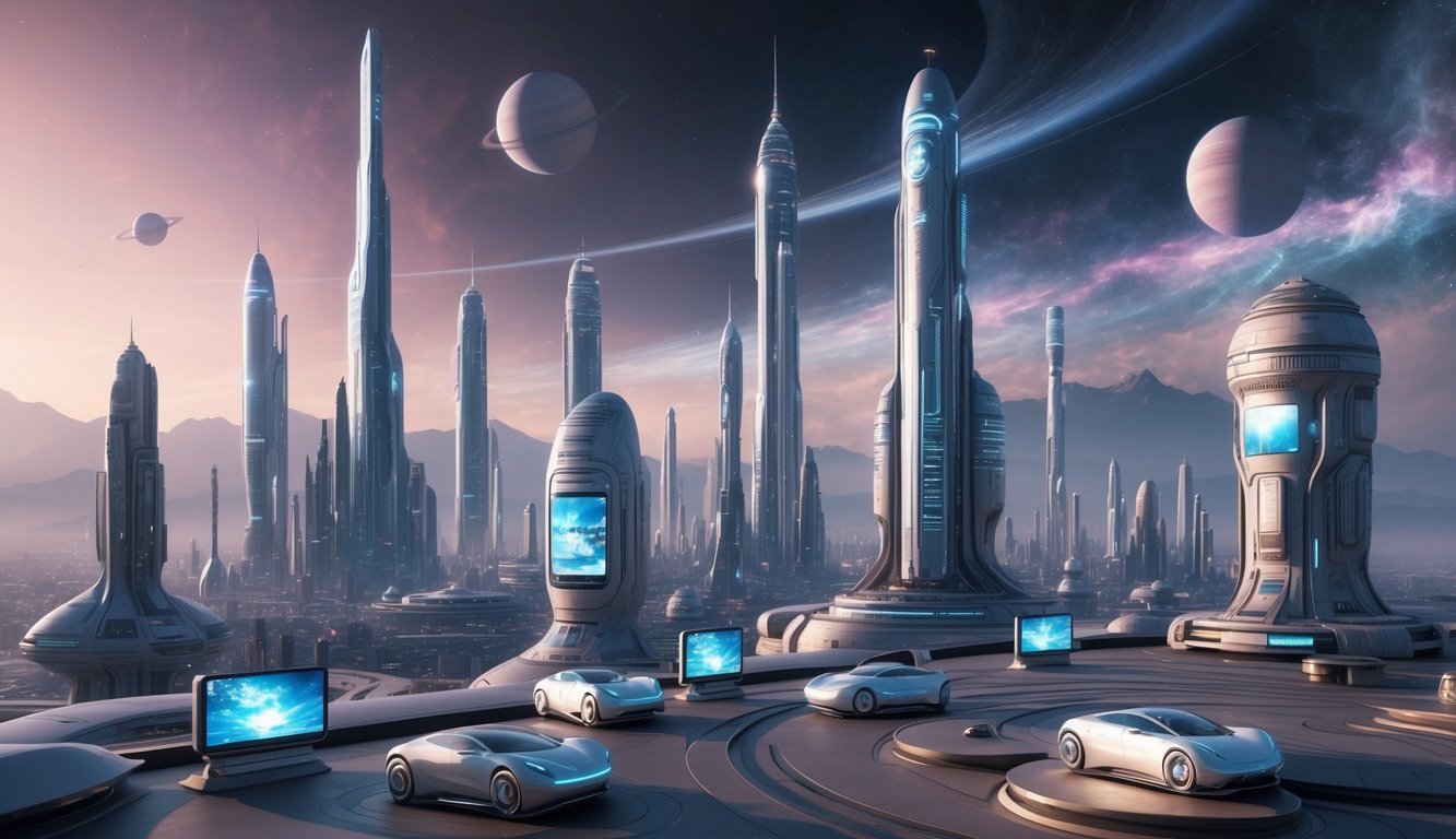 A futuristic cityscape with towering skyscrapers, sleek hovercars, and holographic advertisements, set against a backdrop of distant planets and swirling nebulae
