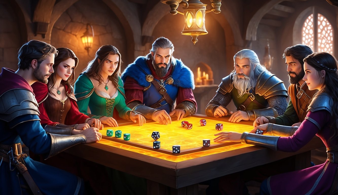 A group of fantasy characters gather around a glowing table, rolling dice and discussing their next adventure in a medieval tavern