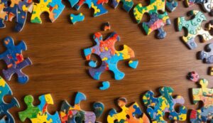 Colorful jigsaw puzzle pieces scattered on a wooden table