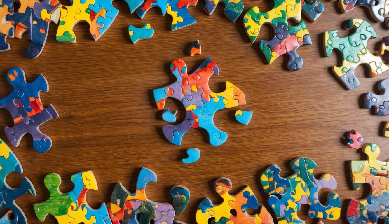 A table with scattered jigsaw puzzle pieces forming a colorful image