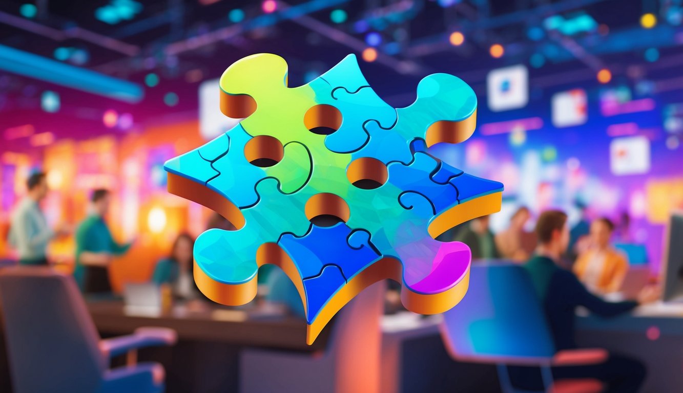 A digital jigsaw puzzle with vibrant colors and intricate pieces, set against a backdrop of a virtual community hub bustling with activity