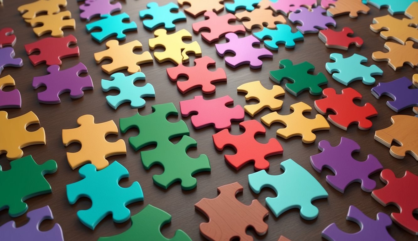 A table with scattered jigsaw puzzle pieces forming a colorful composition