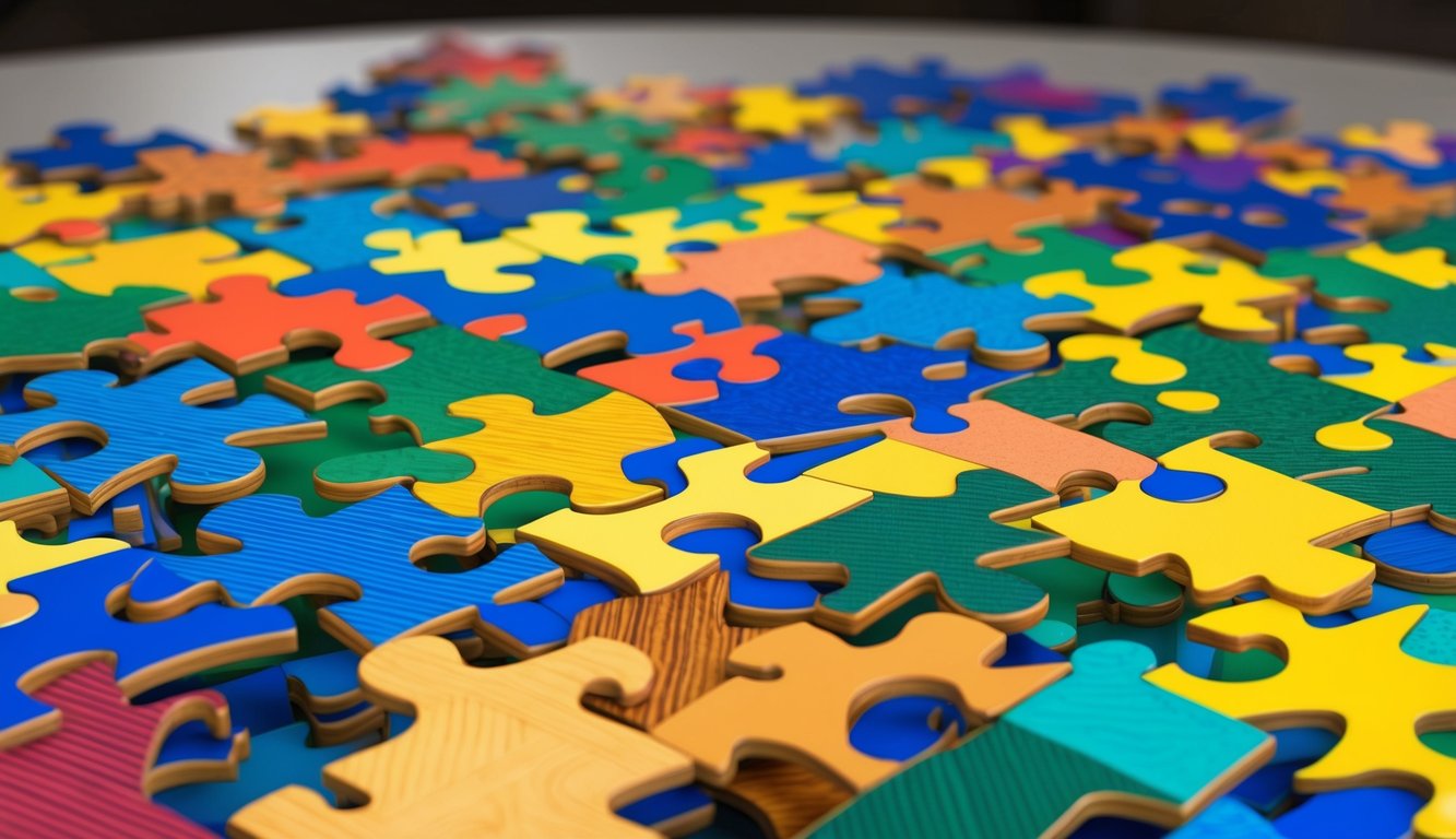 A colorful jigsaw puzzle with intricate, interlocking pieces spread out on a table.</p><p>A variety of shapes and patterns create a visually engaging challenge