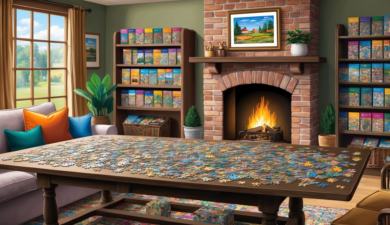 A cozy living room with a crackling fireplace, a large wooden table covered in unfinished jigsaw puzzles, and shelves filled with colorful puzzle boxes