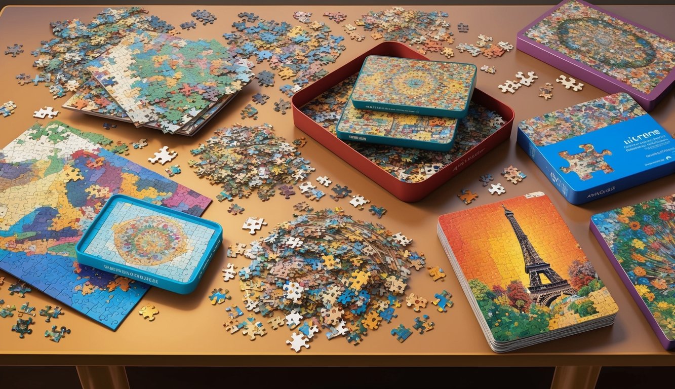 A table with various jigsaw puzzles scattered across it, some completed and others in progress, with colorful and intricate designs